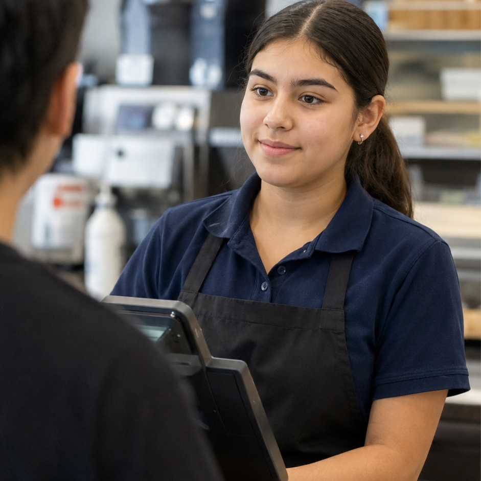 A young girl working as a cashier.