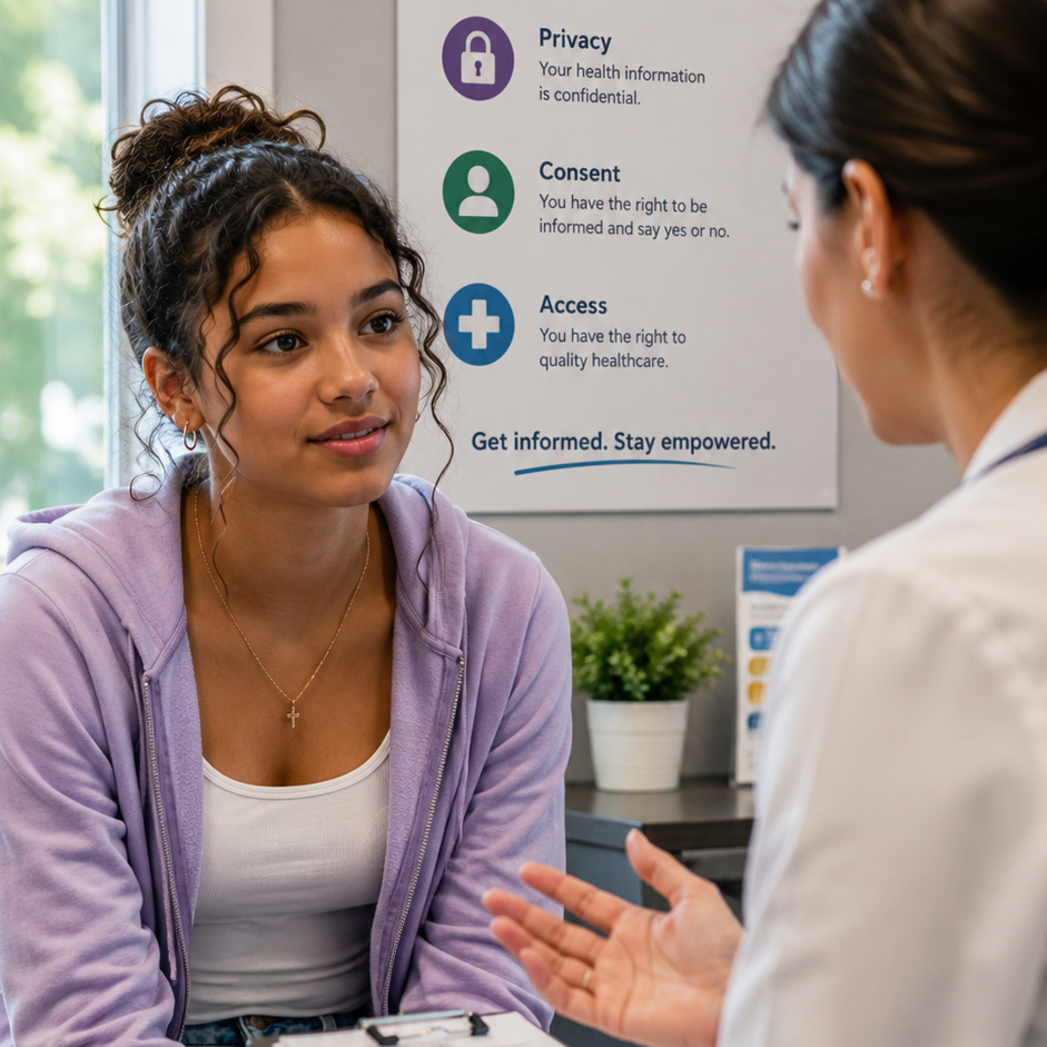 A young girl talking to a female doctor in a clinic.