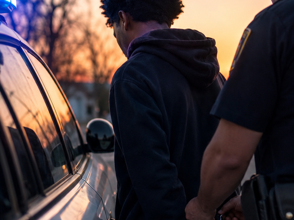 A young man is being handcuffed.