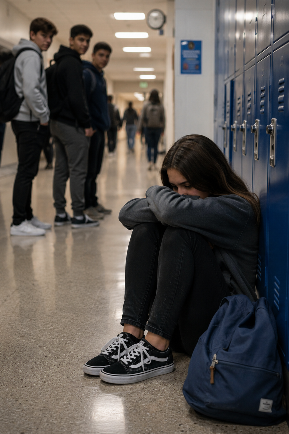 A young girl curled up on her knees inside a school hallway.